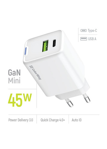 Мережевий зарядний пристрій GaN Mini 45W PD Port PPS USB (Type-C PD + USB QC4.0) White (CW-CHS060PD-WT) Colorway (370984681)