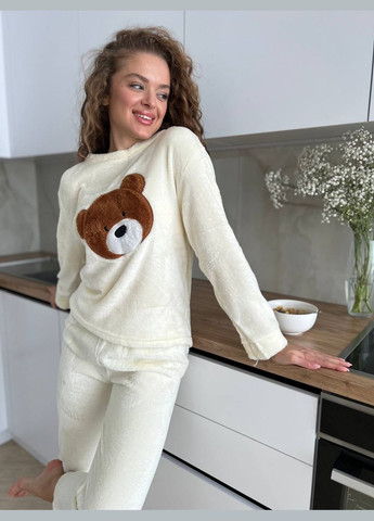 Молочная зимняя пижама женская махра кофта + брюки No Brand