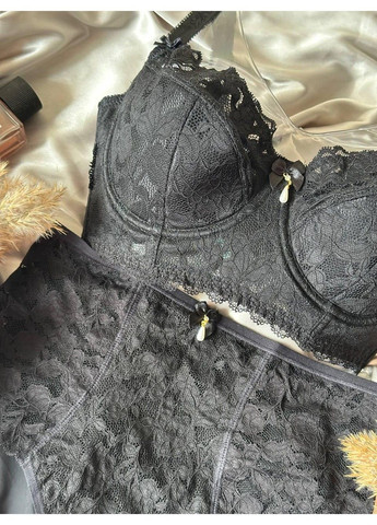 Чорний комплект бюстгальтер напівкорсет + трусики сліпи 11863 чорний Lanny Mode