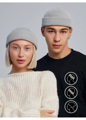 Унисекс шапка мини-бини с отворотом двойная вязка, универсальный размер STD (366343565)