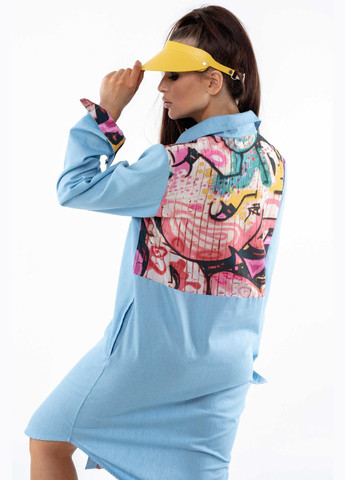 Голубое повседневный платье-рубашка свободного кроя с накладными карманами на груди (пл 1020) RiMari