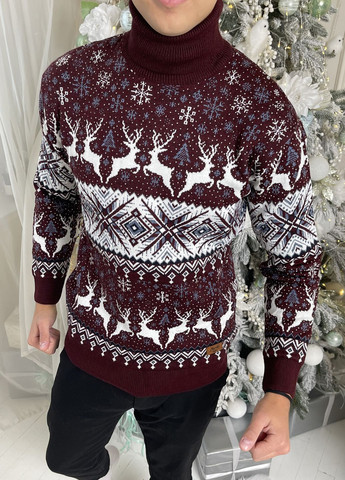 Бордовий зимовий чоловічий новорічний светр з оленями "ornament" бордовий, під шию джемпер No Brand