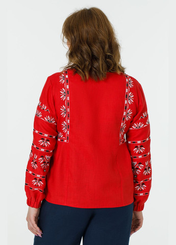 Красная женская вышиванка из льна на пуговицах с орнаментом сияна, большие размеры (plus size). белый, р.46, код 9471/46/101 ГАЛЕРЕЯ ЛЬОНУ