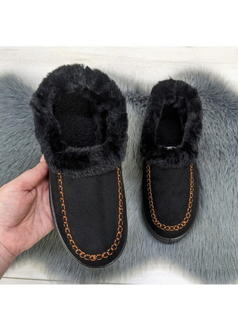 Черные тапочки чуни женские велюровые на меху Fashion