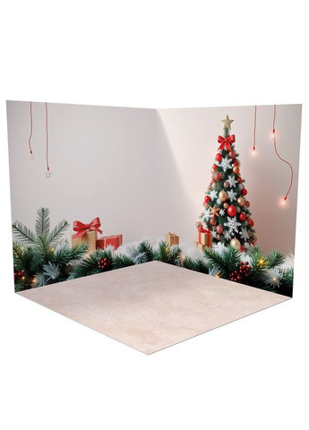 Вініловий фон для зйомки 3D ялинка і подарунки на стіні, підлога світле дерево і бежевий камінь, 60×60 см, №58538 PhotoVinyl (354378274)
