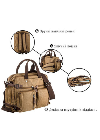 Рюкзак трансформер дорожная сумка мужская с отделением для ноутбука песочная текстильная 20146 Vintage (362417824)