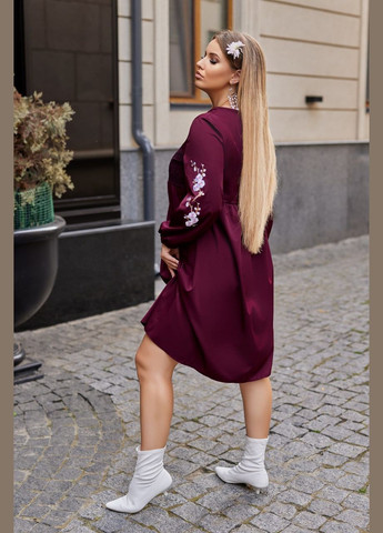 Темно-бордова святковий, повсякденний сукня з вишитими рукавами а-силует Україна з квітковим принтом