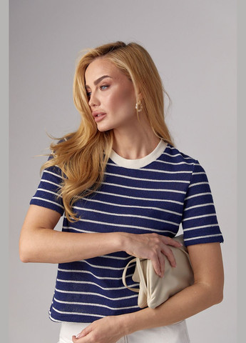 Синяя летняя вязаная женская футболка в полоску Lurex
