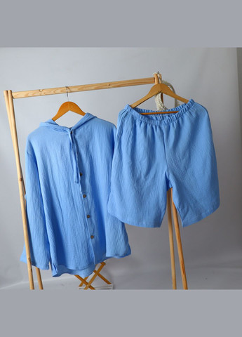 Блакитний літній чоловічий літній мусліновий блакитний костюм (туніка з капюшоном+ шорти) mrou з шортами No Brand