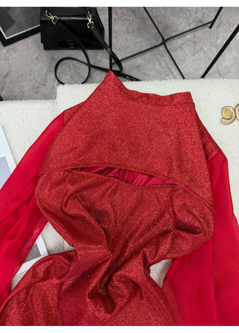 Червона святковий сукня з диско-тканини та шифоновими рукавами «плащ» — заміри в описі силуетна DK/DL Мода без кордонів однотонна