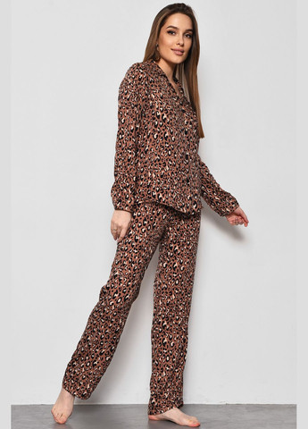 Коричневая всесезон пижама женская коричневого цвета с принтом рубашка + брюки Let's Shop