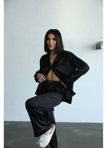 Черная всесезон женская пижама | чёрный леопард премиум рубашка + брюки Vital-Textile 1249