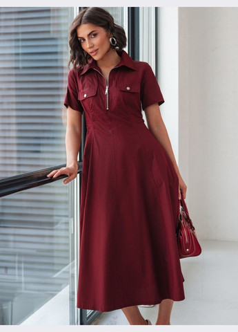 Бордовое кэжуал приталенное платье-миди бордового цвета Dressa однотонное