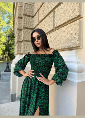 Зелена жіноча сукня корсет резинка з рукавами довга з розпіркою на нозі зелена You Best