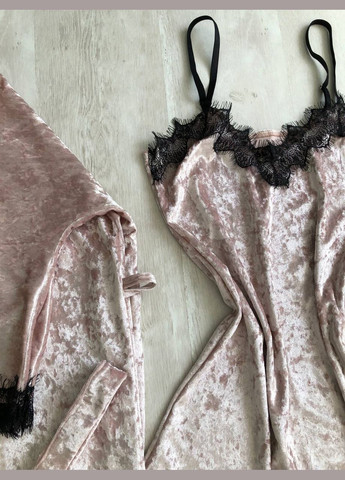 Комбінована жіночий велюровий халат та пеньюар двійка пудра Modashoping