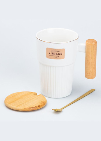 Чашечка керамическая 400 мл Vintage с бамбуковой крышкой и ложкой, белый TS Kitchen (322640287)