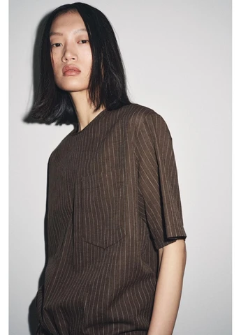 Коричнева блузка топ в смужку з льону 8579/232 Zara