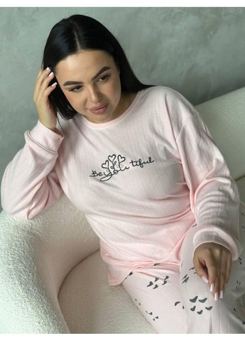 Рожева жіноча піжама plus size рожева, трикотажна, принт вії / домашній комплект великих розмірів, кофта + штани / піжама жіноча No Brand