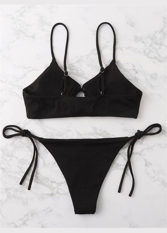 Черный летний раздельный женский купальник в рубчик с завязками на лифе и плавках ribana черный No Brand