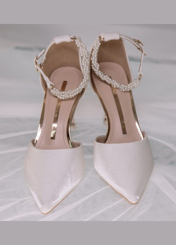 No Brand Весільні жіночі туфлі для нареченої з перлами + додатково ремінець із атласу 6 см - Білий колір білий з текстиль, — літо (322414744)