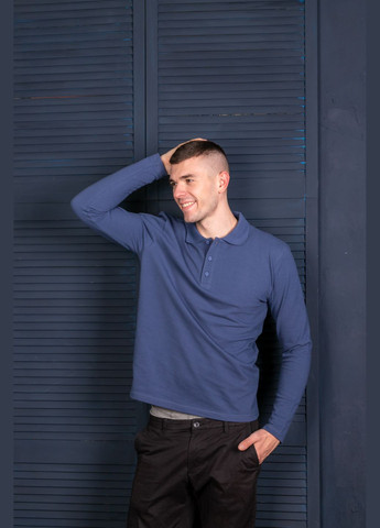 Синяя рубашка поло мужская с длинным рукавом TvoePolo