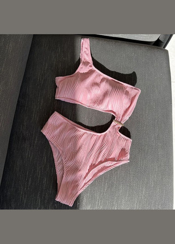 Розовый летний женский купальник монокини фактурный на одно плечо с пластинкой textured черный No Brand