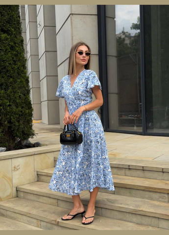 Голубое повседневный, кэжуал женское платье на запах а-силуэт Style Point с цветочным принтом