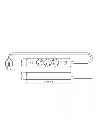 Сетевой удлинитель 3 м 3 гнезда с 2USB+USBC заземлением и кнопкой VF-PD33G2U1C-W Videx (282312809)