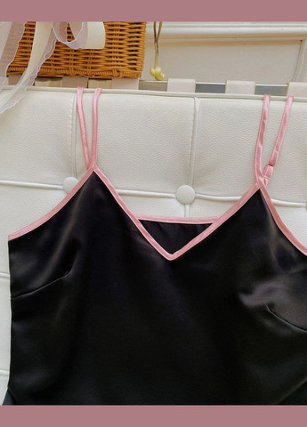 Чорна всесезон жіночий атласний піжамний набір nika комплект шортики майка і маска колір чорний з рожевим елементами майка + шорти No Brand Ніка