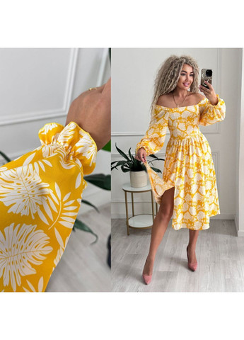 Світло-жовтий святковий, повсякденний, кежуал жіноча сукня з квітковим принтом а-силует Style Point з квітковим принтом