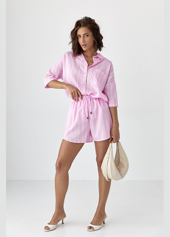 Полосатый свободный костюм с рубашкой и шортами - голубой цвет Lurex (340917698)