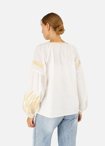 Молочная женская рубашка вышиванка с длинным рукавом цвет молочный цб-00258430 ES-Q лен (307071699)