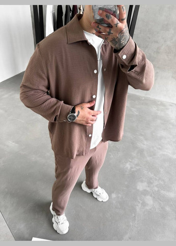 Темно-бежевый летний костюм: брюки и рубашка из легкого дышащего материала с рубашкой, брючный Україна