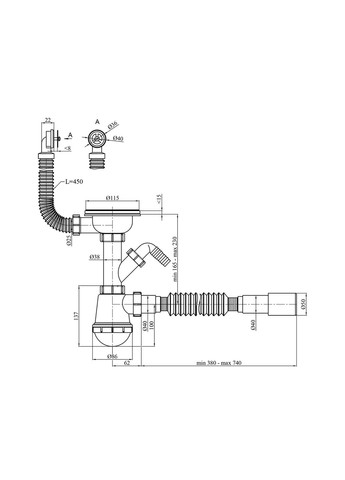 Сифон для кухонной мойки KRP-KS02R-1 3 1/2"х40/50 мм с отводом для стиральной машины, с круглым переливом Kroner (336933190)