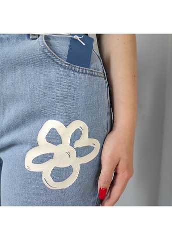 Джинсы женские прямые с белыми цветами хлопок 42 голубые No Brand - (363053986)