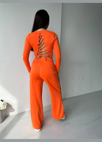 Легкий помаранчевий костюм двійка із двонитки із зав'язками на спині, спортивний костюм 2-ка (топ із довгим рукавом + штани) No Brand 256 (279765834)