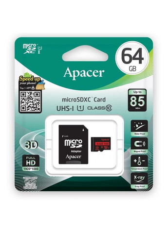 Карта пам'яті microSDXC 64GB Class 10 UHSI R-85MB/s +SD-адаптер Apacer (278015897)