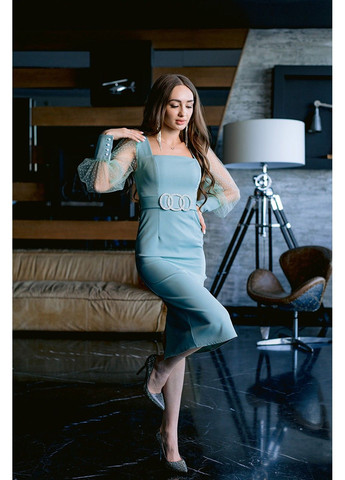 Бірюзова коктейльна сукня об'ємний рукав 23011 шавлія Tanita-Romario