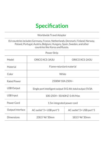 Удлинитель Power Strip XCS3A3U 3 розетки и 3 юбки 1.5 метра Orico (293345920)