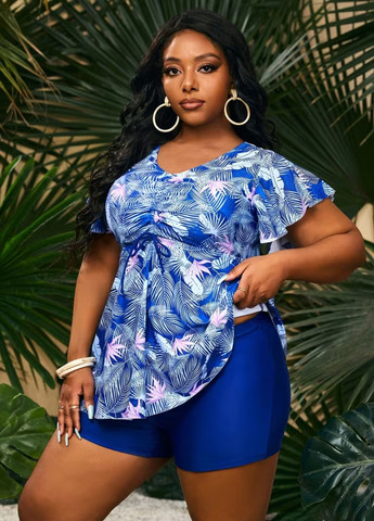 Синій літній жіночий купальник - сукня tankini plus size роздільний, танкіні FS