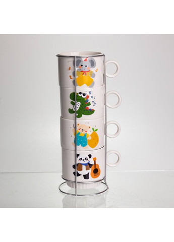 Набір порцелянових чашок для дітей на металевій підставці Animals 4 (шт) по 300 (мл) подарунковий набір чашок FM-8 Yiwu (370973886)
