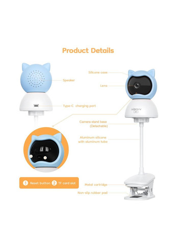 Відеоняня Xiaovv Q2BM на прищіпці - двосторонній зв'язок та підключення до телефону Радіоняня поворотна Baby (360801935)