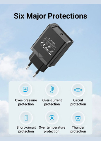 Сетевое зарядное устройство 1-port USB-C Wall Charger(20W) EU-Plug Black (FADB0-EU) Vention 1-port USB-C (20W) (340277786)
