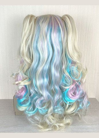 Парик разноцветный блонд с розовым и голубым с двумя хвостами Лолита волнистая длинная 70см женская искусственная No Brand 5995 (304996591)