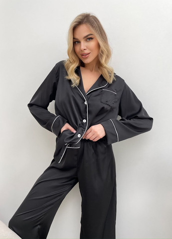 Черная всесезон шелковые пижамы женские с белым кантом (рубашка + штаны) рубашка + брюки No Brand
