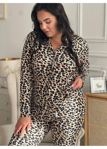 Комбінована жіноча піжама plus size леопардова, сорочка + штани / домашній комплект великих розмірів леопардовий принт / піжама жіноча No Brand