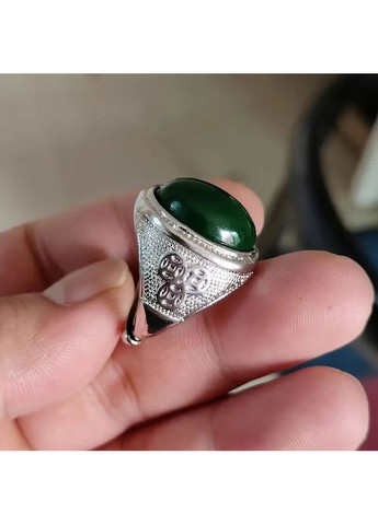 Мужское богемное кольцо серебристое с зеленым кубическим цирконием и китайскими знаками богатства регулируемое AurumLux299 Fashion Jewelry (365777341)