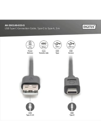 Кабель USB-A до USB-C 3 м чорний Digitus (388420165)