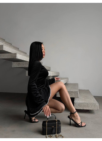 Чорна вечірня сукня з турецького велюру з v-вирізом та сріблястою стрічкою • вечірня та розкішна • заміри в описі GD/GL Модний простір однотонна