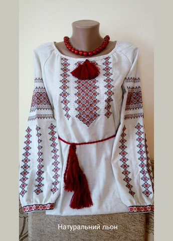 Бежевая женская вышитая рубашка на льне с красным орнаментом "нежная" с красным на льне 48 Прикарпатські Вишиванки прямой хлопок (324250336)
